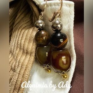 Big tortoise and tigers eye vintage statement earrings gold